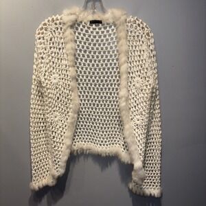 Vintage Women's Sz L Open Knit Cardigan Ivory Rabbit Fur Trim Boho Cottagecore‎